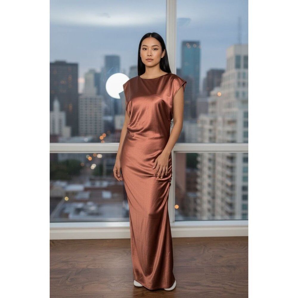 NEW Chelsea 28 Womens M Brown Satin Sleeveless Ruched Maxi Party Dress Metallic